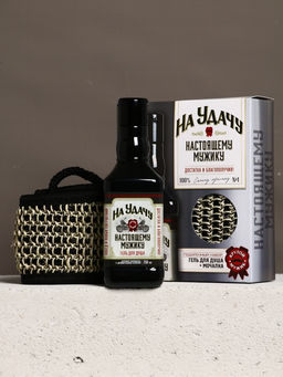 Подарочный набор На удачу, гель для душа во флаконе виски, чёрный и мочалка лента, Чистое счастье  фото 3