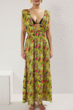 Cicek Desenli Dokuma S?rt Dekolteli %100 Pamuk Maxi Plaj Elbise TBESS25EL00100 - Trendyolmilla фото 7