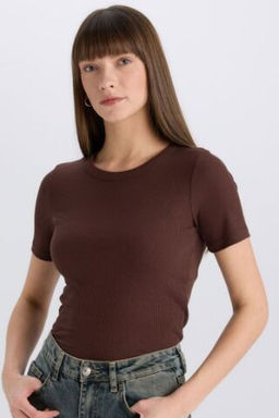 Slim Fit Dar Kesim Bisiklet Yaka Fitilli Kaskorse Basic Duz K?sa Kollu Tisort