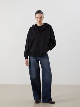 Kap??onlu Oversize Kad?n Kal?n Fermuarl? Sweatshirt