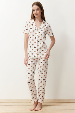 Ekru %100 Pamuklu Kalpli Orme Pijama Tak?m? THMSS24PT00338