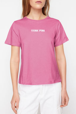Pembe %100 Pamuk Slogan Nak?sl? Relaxed/Rahat Kal?p Orme T-Shirt TWOSS24TS00177 - Trendyolmilla фото 4