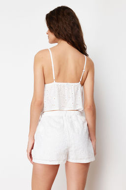 Trendyolmilla Mavi %100 Pamuklu Cicekli Astarl? Kendinden Desenli Sortlu Dokuma Pijama Tak?m? THMSS24PT00075 фото 7