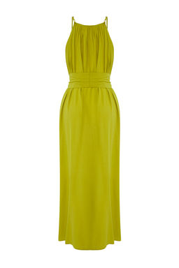 Koyu Yag Yesili Dokuma Buzgulu Maxi Plaj Elbise TBESS25EL00086