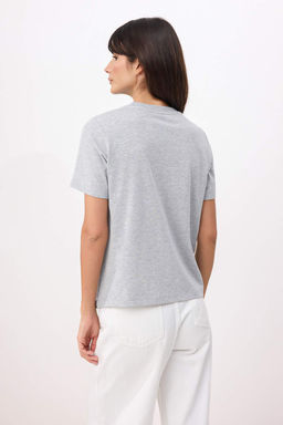 Gri Melanj Slogan Regular/Normal Kal?p K?sa Kollu Pamuklu Orme T-Shirt TWOSS26TS00161