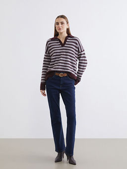 Polo Yaka ?izgili Oversize Kad?n Triko Kazak