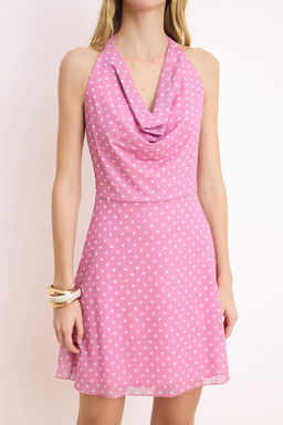 Pembe Puantiyeli A-Kesim/Can Form Degaje Yaka Dikis Detayl? Mini Tul Orme Elbise TWOSS26EL00209