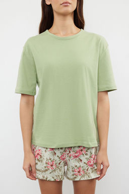 Yesil %100 Pamuklu Cicekli Sortlu Orme Pijama Tak?m? THMSS24PT00386