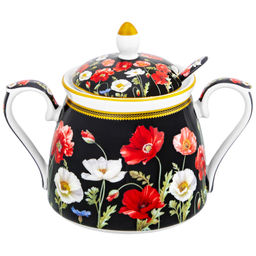 Сахарница 400 мл 15*10*11,5 см "Маки на черном" с ложкой, фарфор NEW BONE CHINA