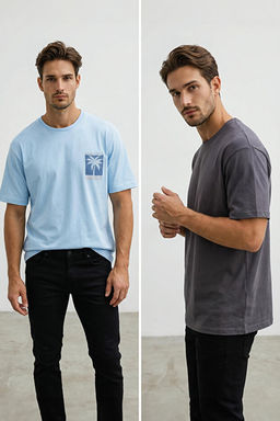 Mavi-Antrasit Oversize/Geni_ Kesim 2li Paket Bask_l_-D_z %100 Pamuk T-Shirt TMNSS25TS00212 - Trendyolmilla фото 2
