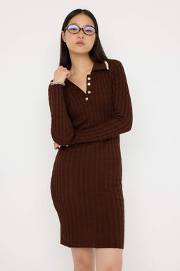 Teen Siyah Bodycone Polo Yaka Mini Triko Duz Mini Elbise TWOAW26EL00053 - Trendyolmilla фото 8