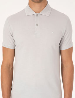 A__k Gri Slim Fit %100 Pamuk K_vr_lmaz D__meli Polo Yaka Basic Ti__rt