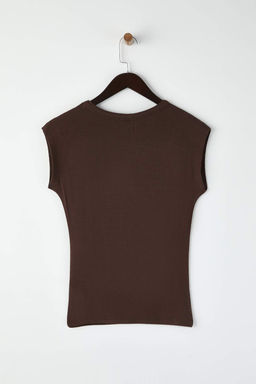 Kahverengi Renk Bloklu Viskoz/Yumusak Kumas Fitted/Vucuda Oturan Esnek Orme Bluz TWOSS23BZ00992