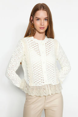 Ekru Crop Dantel Garnili Ajurlu/Delikli Triko H?rka TWOAW24KZ01059