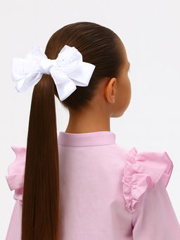 Цена за 6 шт. Бант для волос на резинке «Школьница», маленькие бусинки и блёстки, 12 см, белый