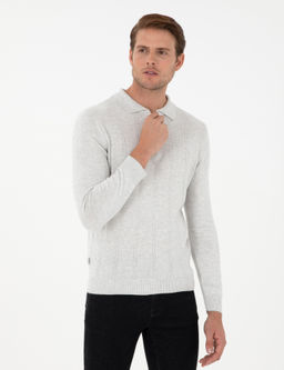 Krem Melanj Slim Fit Fermuarl_ Polo Yaka Triko Kazak