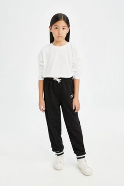 K?z Cocuk Siyah Beli Pacas? Lastikli Bask?l? Jogger Esofman Alt?
