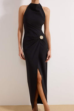 Siyah Aksesuar Detayl? Y?rtmacl? Dokuma Maxi Abiye & Mezuniyet Elbisesi