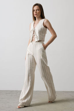 TRENDYOLMILLA Bej Keten Gorunumlu Cizgili Beli Lastikli Cigarette Pantolon TWOSS25PL00037 фото 5