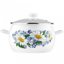 Ромашковое поле Кастрюля эмалированная 5,0л, форма полусфера, стеклянная крышка, нержавеющий ободок (Россия) - Домашняя мода фото 2
