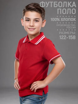Футболка детская Поло, кор. рукав, цвет Красный, пике карде, 100% х/б