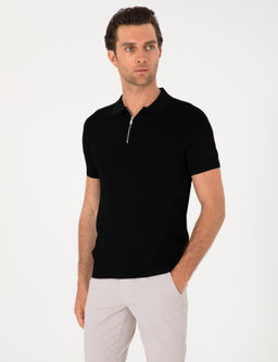 Siyah Slim Fit Fermuarl_ Polo Yaka Triko T-shirt