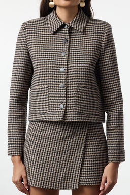 Bej Kazayag? Desenli Crop Dokuma Ceket TWOAW25CE00070 - Trendyolmilla фото 4