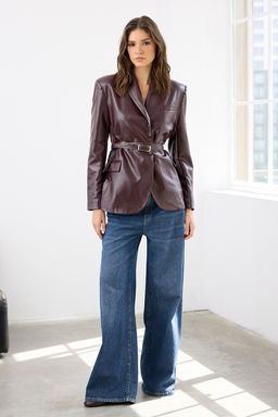 Bordo Kemerli Kruvaze Kapamal? Suni Deri Dokuma Blazer Ceket TWOAW26BC00002 - Trendyolmilla фото 2