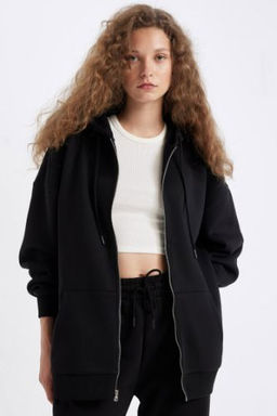Oversize Genis Kal?p Kapusonlu Cepli Basic Duz Fermuarl? Sweatshirt