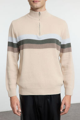 Bej Regular Pamuklu Yar?m Bal?kc? Yaka Renk Bloklu Triko Kazak TMNAW25KZ00013 - Trendyolmilla фото 3