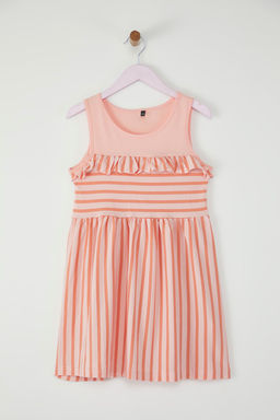 Pembe K?z Cocuk %100 Pamuk Cizgili Kolsuz Mini Bayraml?k Orme Elbise TKDSS25EL00062