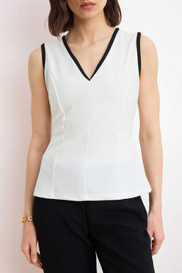 Ekru Fitted/Vucuda Oturan V Yaka Kolsuz Biyeli Scuba Krep Orme Bluz TWOSS26BZ00482