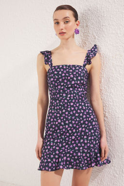 Mor Cicekli A Kesim F?rf?rl? Mini Dokuma Elbise TWOSS22EL1485