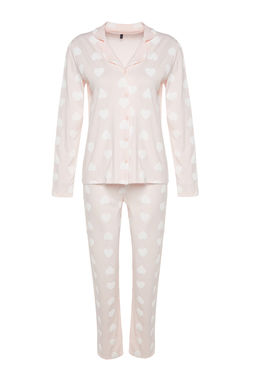Trendyolmilla Premium Pudra %100 Pamuklu Kalpli Puf Desenli Gomlek-Pantolon Orme Pijama Tak?m? THMAW24PT00253 фото 11