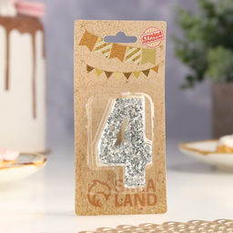 Цена за 2 шт. Свеча в торт с блестками «Цифра 4», 6.5×4 см, серебряная