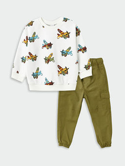 Bisiklet Yaka Bask?l? Erkek Bebek Sweatshirt ve Pantolon 2li Tak?m