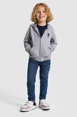 Erkek _ocuk Gri Melanj Kap__onlu _nce Fermuarl_ Basic Sweatshirt