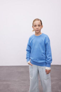 K?z Cocuk Relax Fit Bisiklet Yaka Pamuklu Basic Duz Okul Sweatshirt