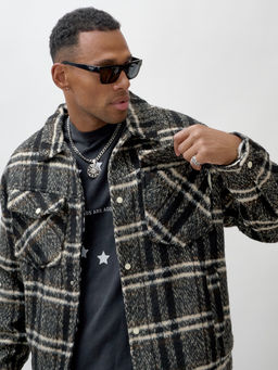 Куртка рубашка шерстяная в клетку мужская демисезонная черного цвета 58596Ch