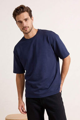 Lacivert Premium Wardrobe Essentials D___k Omuz Regular Fit Basic _nterlok T-Shirt TMNSS26TS00010