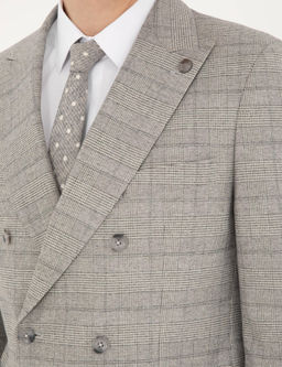 Gri Ex. Slim Fit Ekose Kruvaze Tak_m Elbise