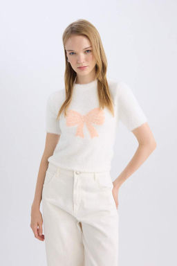 Женский крутой свитер стандартной посадки с лентой и бантом, детальный круглый вырез, короткий рукав, плюшевый трикотаж из пряжи, свитер - Defacto фото 3