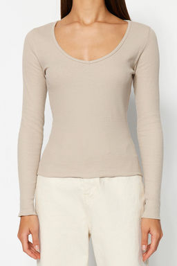 Bordo-Tas 2li Paket V Yaka Fitted/Vucuda Oturan Pamuklu Esnek Orme Bluz TWOAW24BZ00068