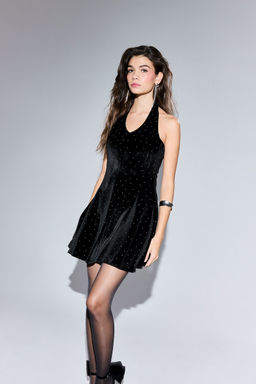Halter Yaka Ta_l_ Kadife Mini Elbise