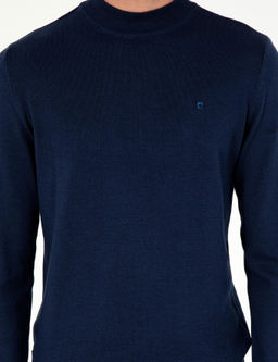 A__k Lacivert Slim Fit Yar_m Bal_k__ Yaka Basic Triko Kazak
