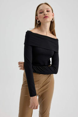 Приталенная футболка с открытыми плечами и длинными рукавами - Defacto фото 4