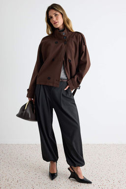 Wardrobe Essentials Kahverengi Regular Dik Yaka Kemerli Gabardin K_sa Tren_kot TWOSS26TR00004