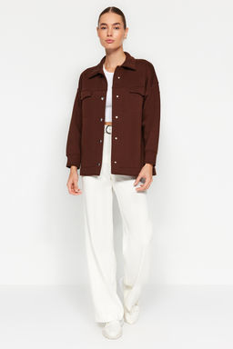 Kahverengi Oversize/Genis Kal?p Cepli ve Dugmeli Polo Yaka Ici Polarl? Orme Ceket TWOAW24CE00000