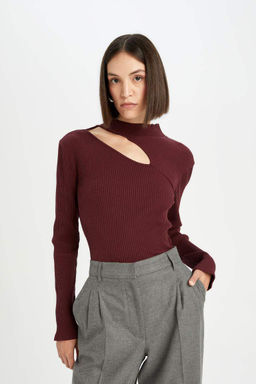 Женская облегающая полуводолазка приталенного кроя, базовая однотонная футболка в рубчик с длинными рукавами - Defacto фото 4