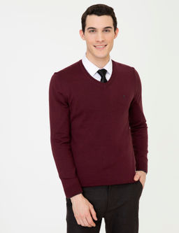 Bordo Slim Fit V Yaka Basic Triko Kazak - Pierre cardin фото 3